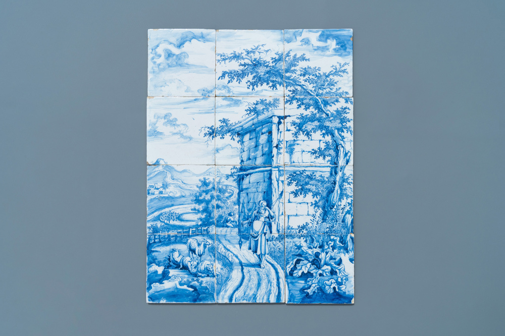 Un tableau de carreaux en fa&iuml;ence de Delft en bleu et blanc &agrave; d&eacute;cor d'une berg&egrave;re, 18&egrave;me