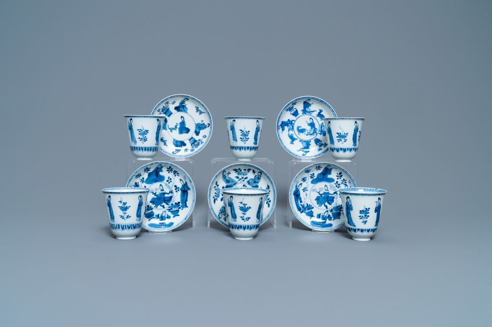 Zes grote Chinese blauw-witte koppen en vijf schotels, Yu merk, Kangxi