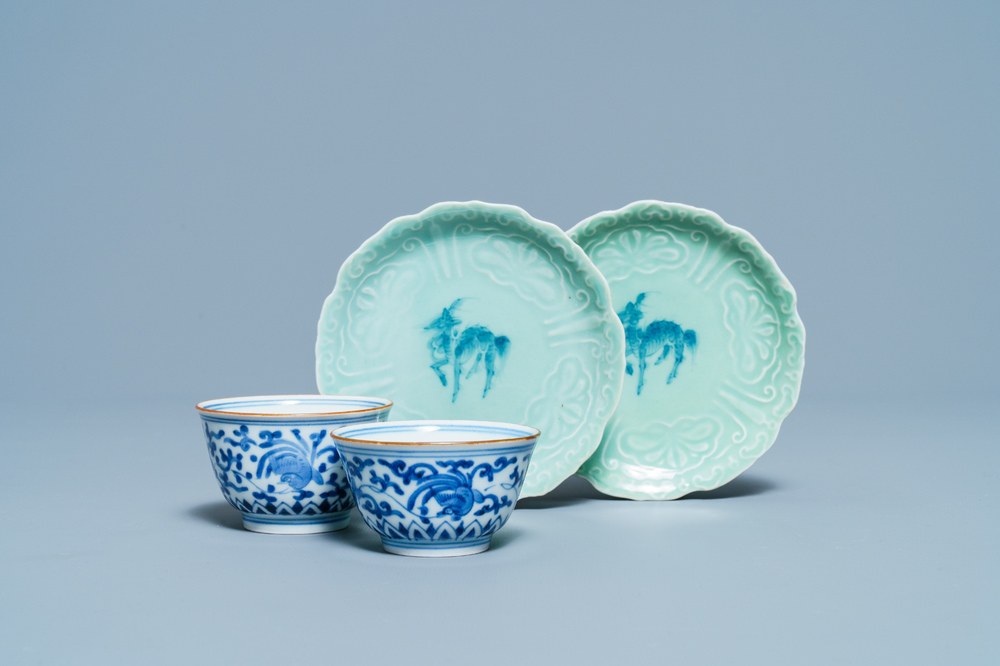 A pair of Japanese blue and white Arita bowls and a pair of celadon 'deer' dishes, Edo, 18/19th C.