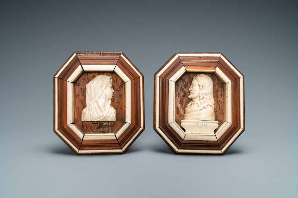 Two bone profile busts of Christ and the Virgin Mary, 19th C.