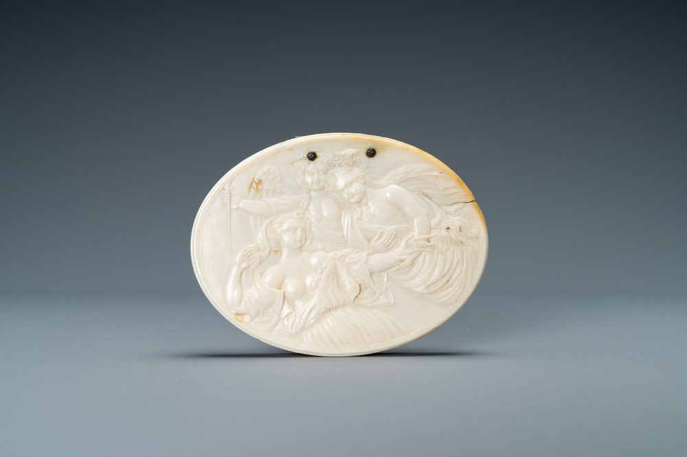 A silver-mounted oval ivory box depicting Diana and her nymphs, 18th C.