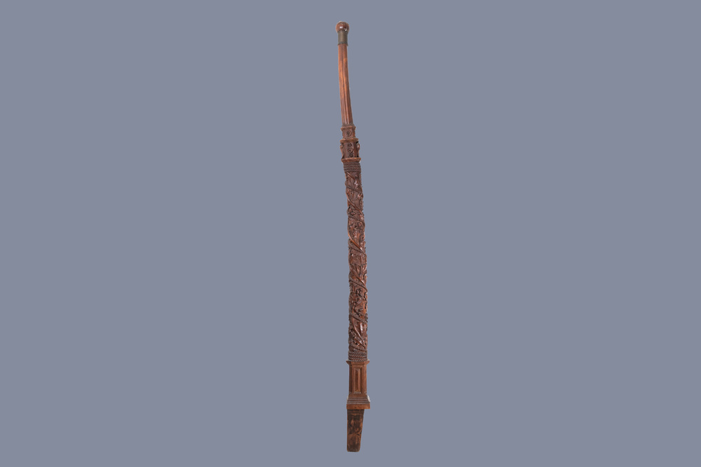 A mahogany boat mast with oak scrolls, France or Italy, 18th C.