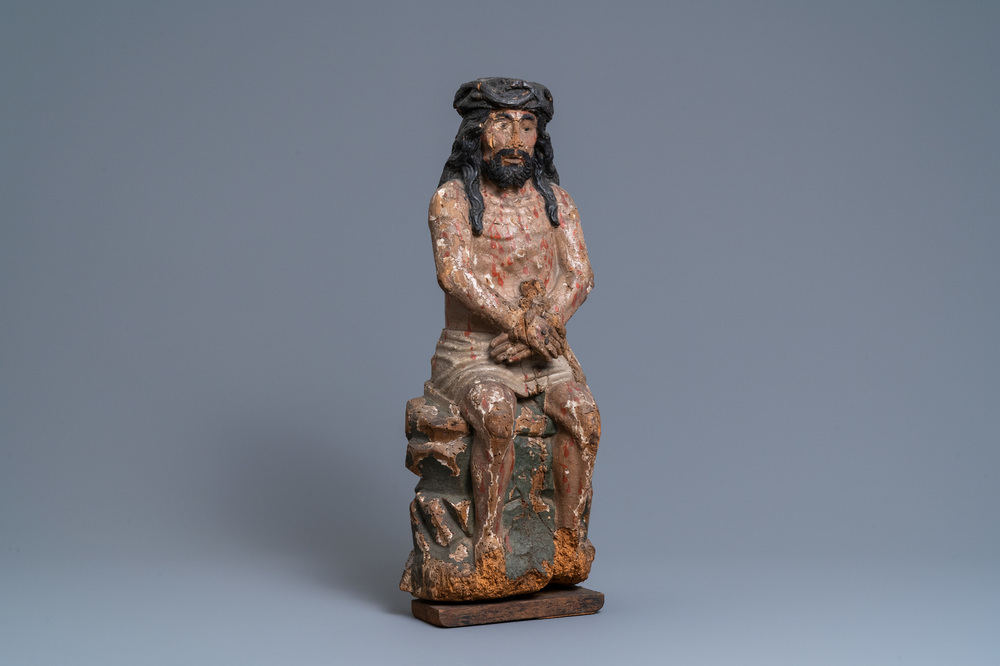 A polychromed limewood or poplar figure of the Pensive Christ, Germany, 15th C.