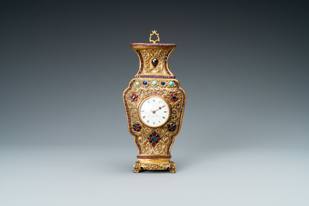 A Chinese semi-precious stone embellished gilt-bronze wall clock, Canton workshop and George Prior of London for the Chinese market, Qianlong