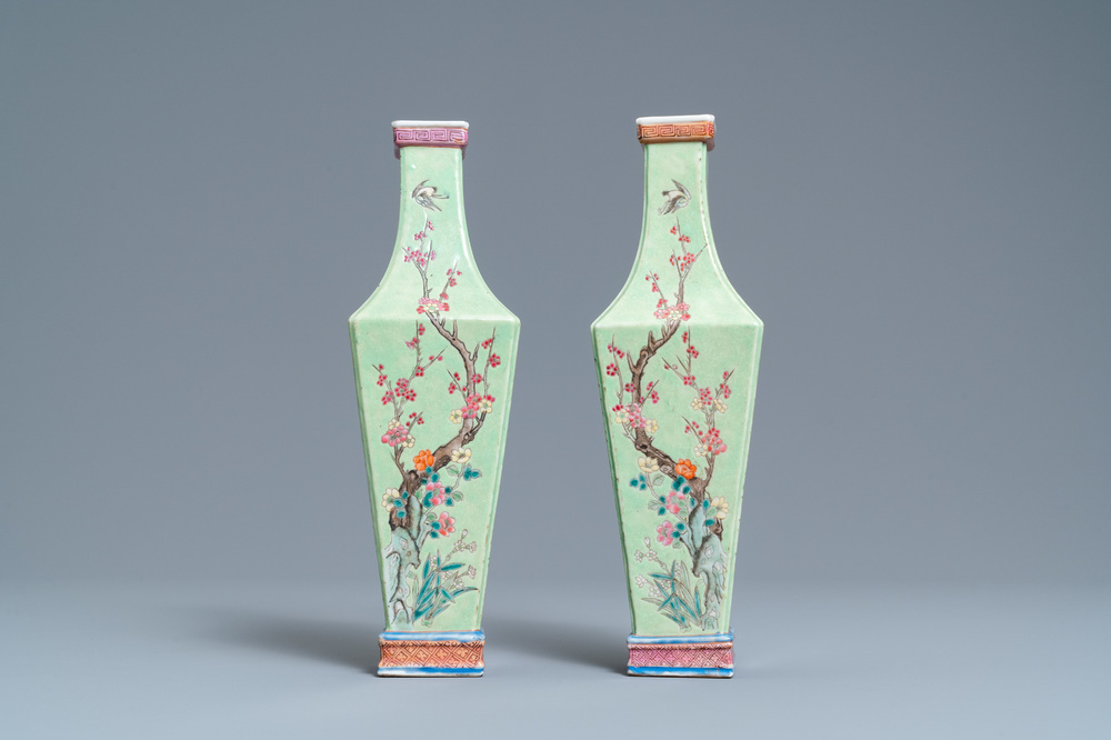 A pair of Chinese famille rose green-ground vases with floral design, 19th C.