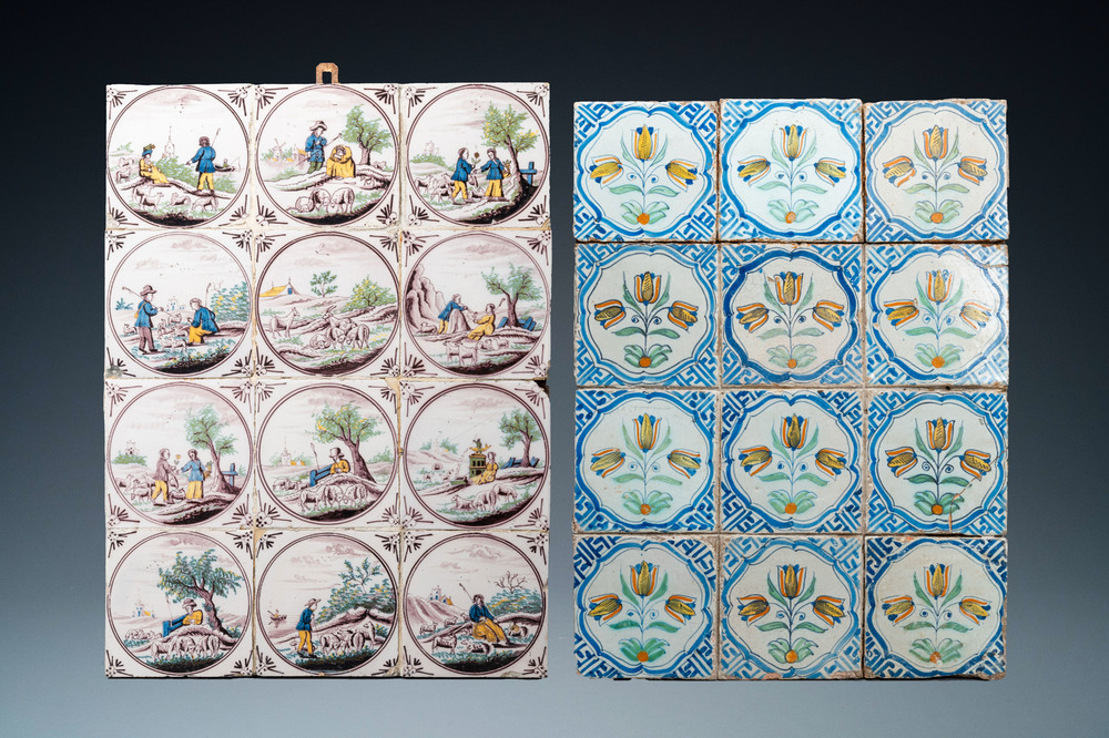 Twee velden van twaalf polychrome Delftse tegels, 17e en 19e eeuw