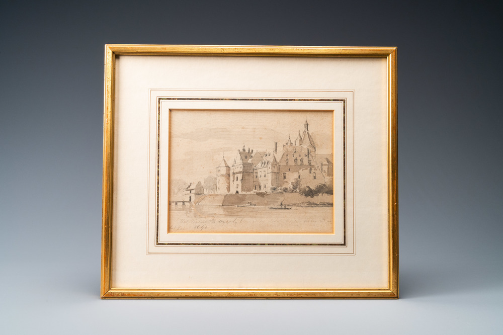 Cornelis Springer (1817 - 1891), potlood en penseel in bruin op papier: Zicht op Kasteel Duurstede