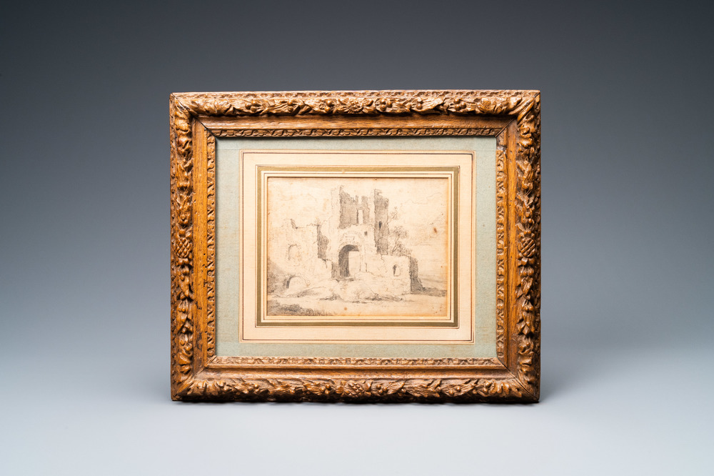 Attr. &agrave; Jacob van Ruisdael (1628/9 - 1682), crayon sur papier: Paysage avec ruine