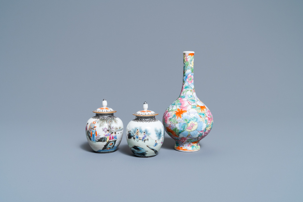 Une paire de vases couverts miniatures et un vase millefleurs en porcelaine de Chine famille rose, marques de Qianlong, R&eacute;publique