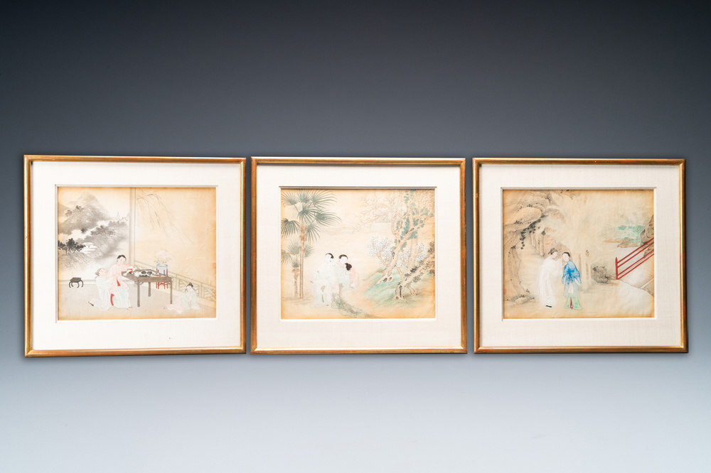 Chinese school, inkt en kleur op papier: drie verhalende sc&egrave;nes, 19e eeuw