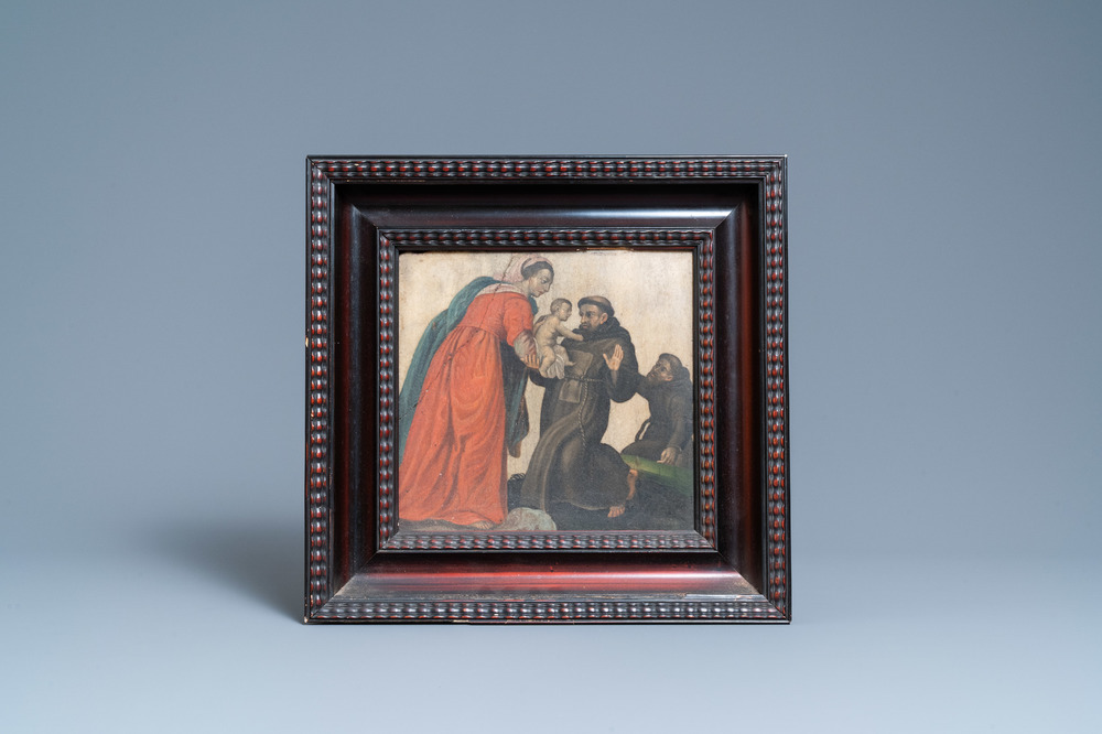 Ecole fran&ccedil;aise, peinture sur pierre, 17&egrave;me: Saint Dominique recevant l&rsquo;Enfant de la Vierge