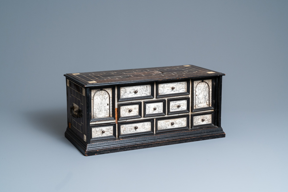 An ebony veneer cabinet with engraved ivory plaques, Italy, 17th C.