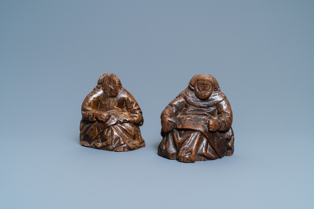 A pair of figuratively carved oak church bank ends, England, 14/15th C.