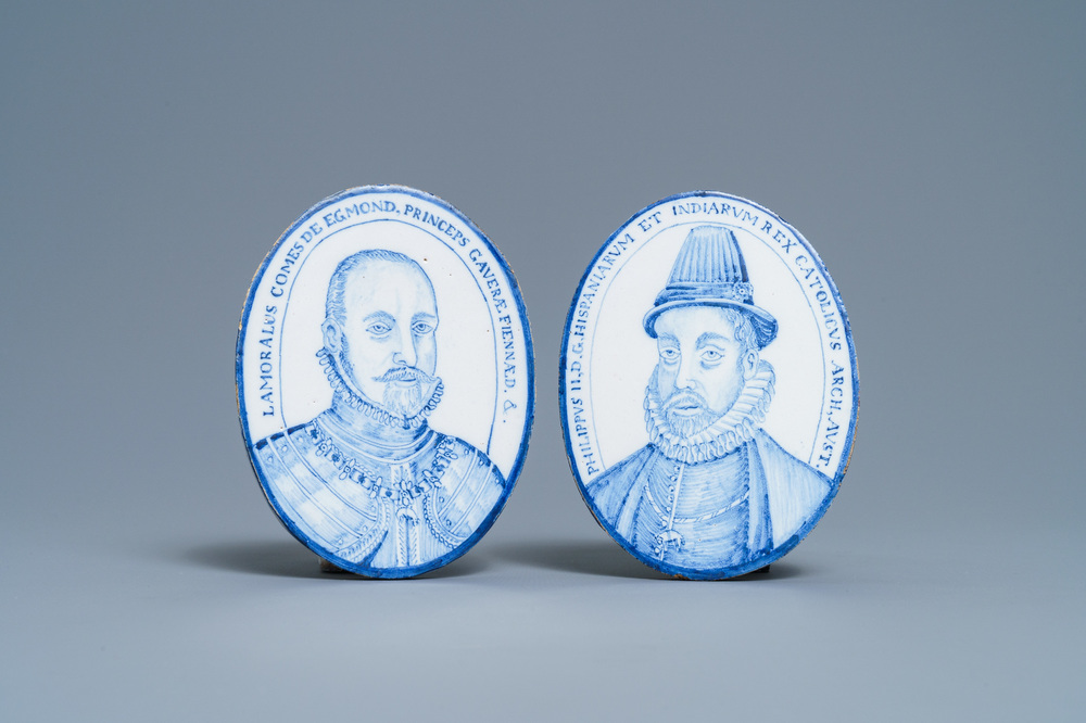 A pair of Dutch Delft style blue and white oval portrait plaques, Utrecht, ca. 1800