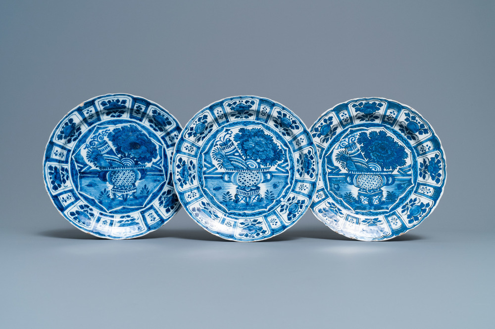 Three Dutch Delft blue and white Wanli-style chinoiserie dishes, 1st quarter 18th C.