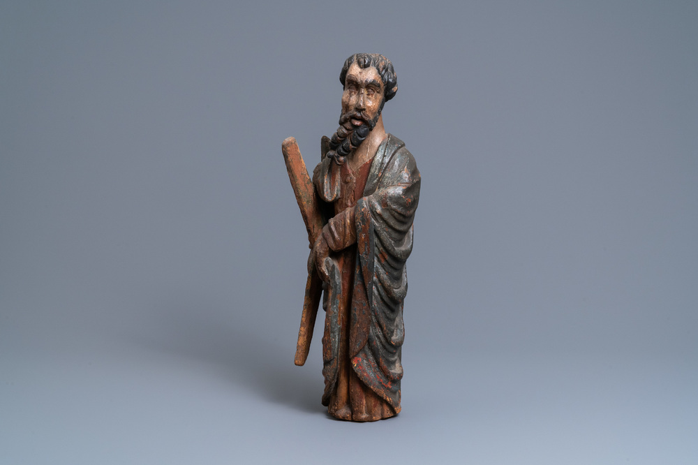 A polychromed oak figure of Saint Andrew, Normandy, France, late 15th C.