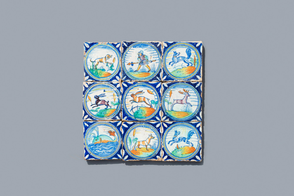 Nine polychrome maiolica medallion tiles, Antwerp or Middelburg, 2nd half 16th C.