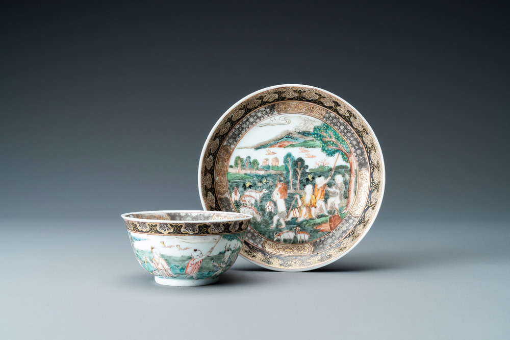 A Chinese famille rose 'harvesting' cup and saucer, Yongzheng