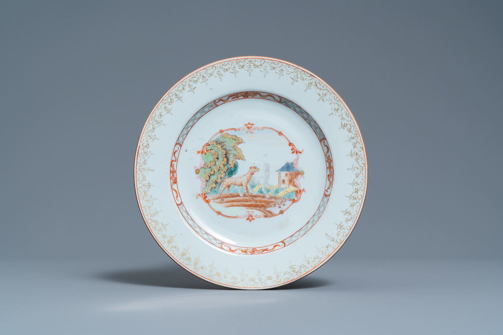 A Chinese famille rose plate with the fable of the Wolf and the Dog after de la Fontaine, Qianlong