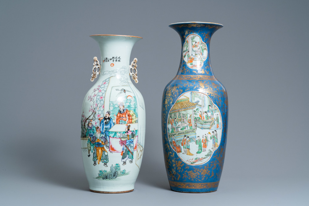 A Chinese famille verte powder blue-ground vase and a famille rose vase, 19th C.