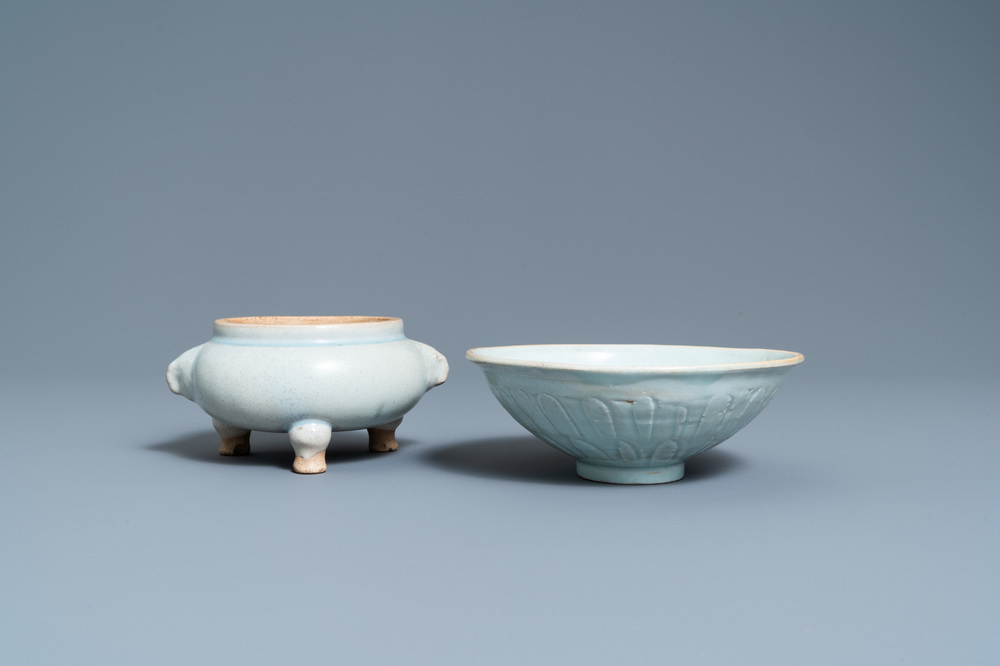 A Chinese junyao tripod censer and a qingbai 'lotus' bowl, Song