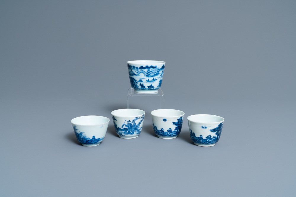 Five Chinese blue and white 'Bleu de Hue' cups for the Vietnamese market, 19th C.