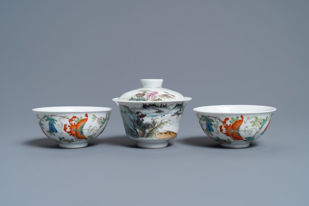 A Chinese famille rose bowl and cover and two 'butterfly' bowls, Jingdezhen mark, Republic