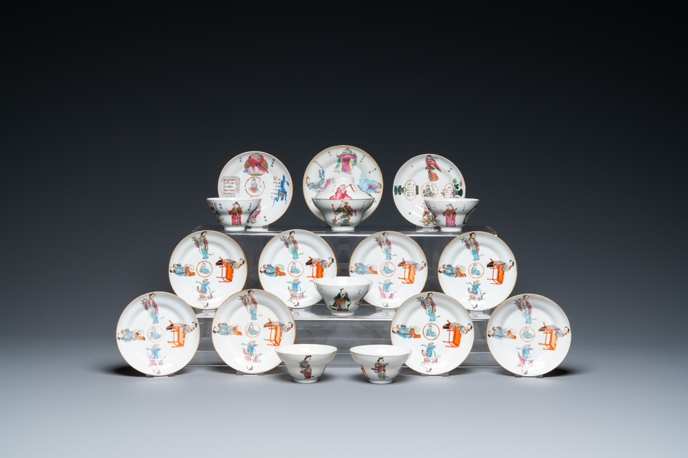 Eleven Chinese famille rose 'Wu Shuang Pu' saucers and six cups, mostly Daoguang mark and of the period