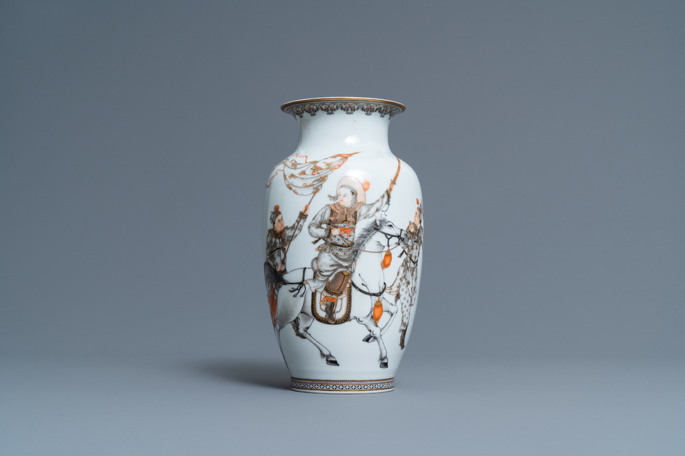 A Chinese eggshell porcelain vase with warriors flanking a horserider, Qianlong mark, Republic