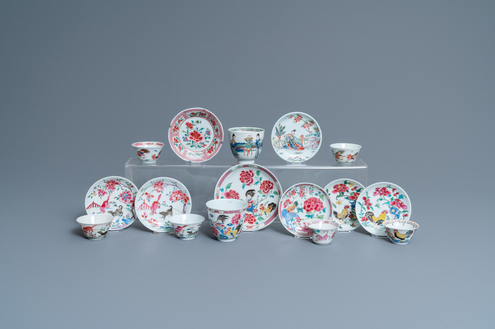 Eight Chinese famille rose and verte cups and saucers, Kangxi/Qianlong
