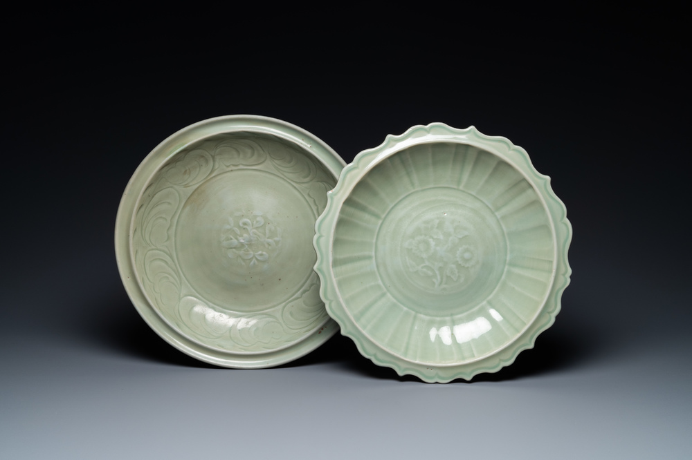 Two Chinese Longquan celadon dishes with underglaze design, Ming