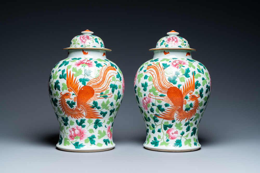 A pair of Chinese famille rose 'dragon and phoenix' vases, 19th C.