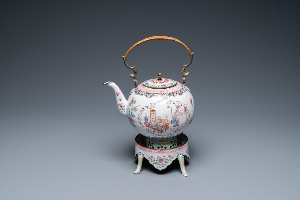 A Chinese Canton enamel teapot on warming stand, Qianlong