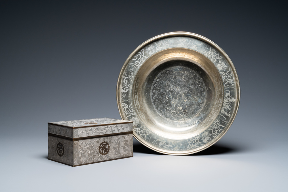 A Chinese paktong metal 'dragon' bowl and a rectangular box and cover, 19/20th C.