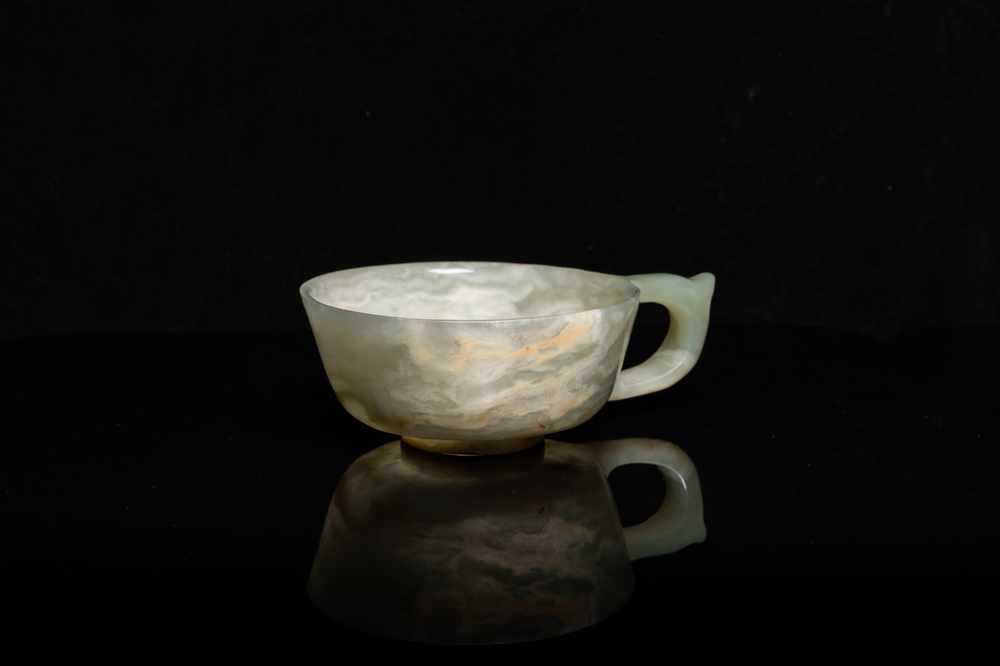 A Chinese mottled celadon jade wine cup, Qing