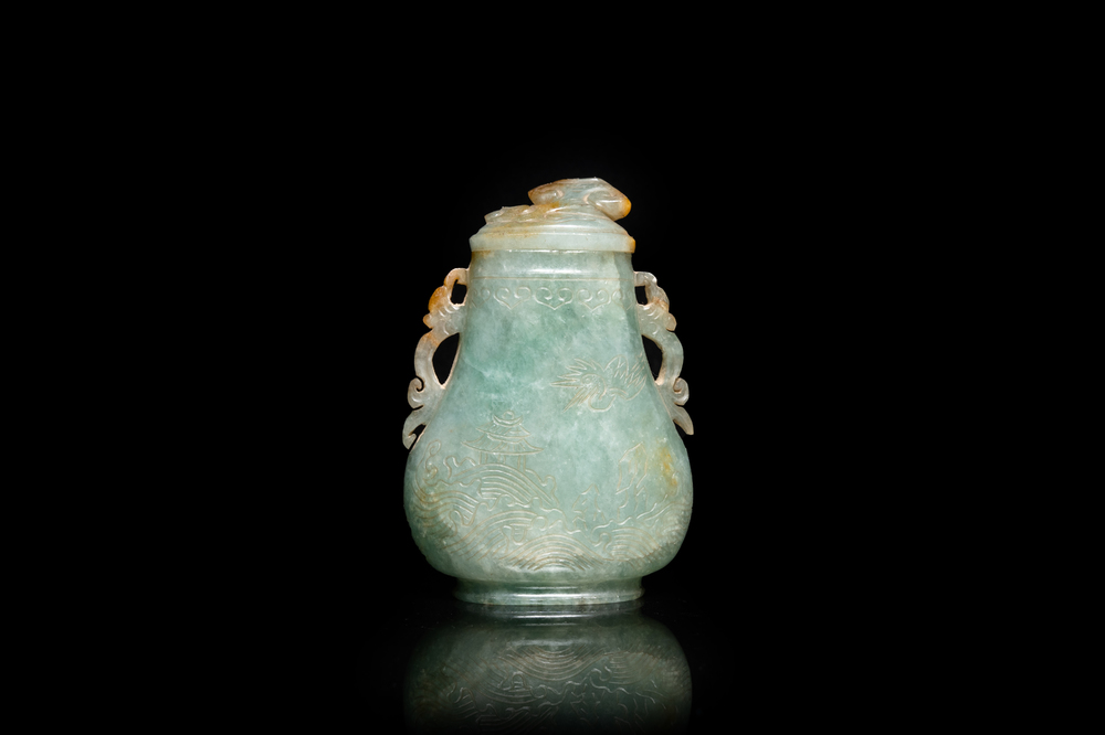 A small Chinese jadeite vase and cover, 19th C.