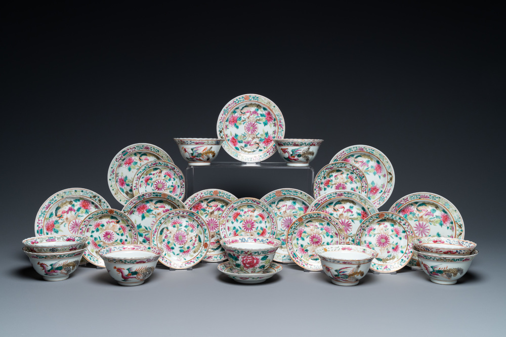 Nine Chinese famille rose cups and seventeen saucers for the Straits or Peranakan market, 19th C.