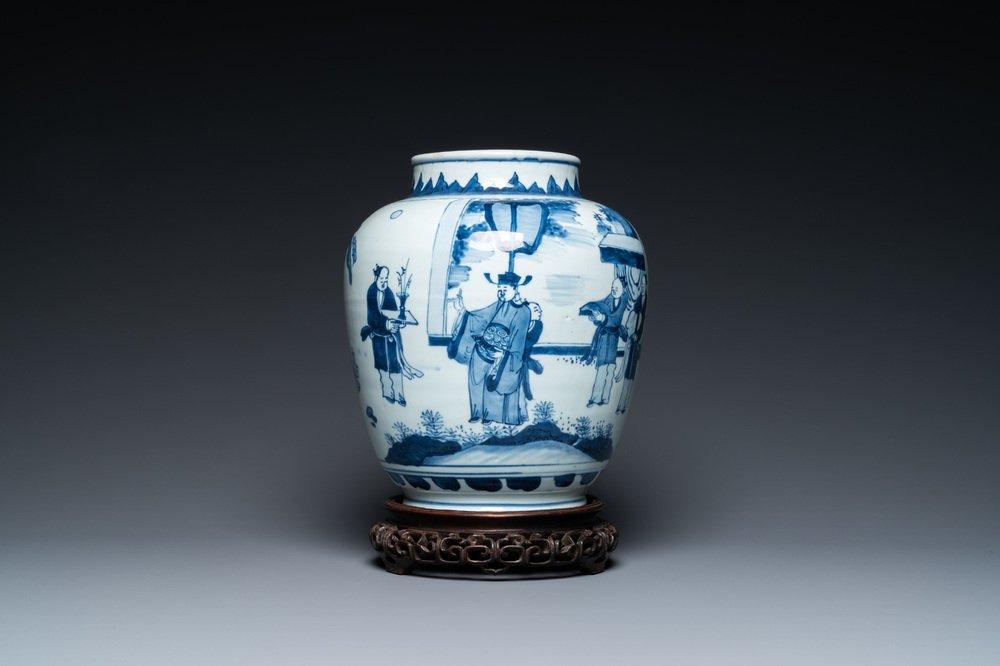 A Chinese blue and white vase with narrative design on wooden stand, Transitional period