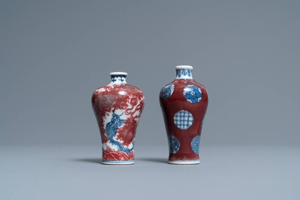 Two Chinese blue, white and copper-red miniature 'meiping' vases, 18/19th C.