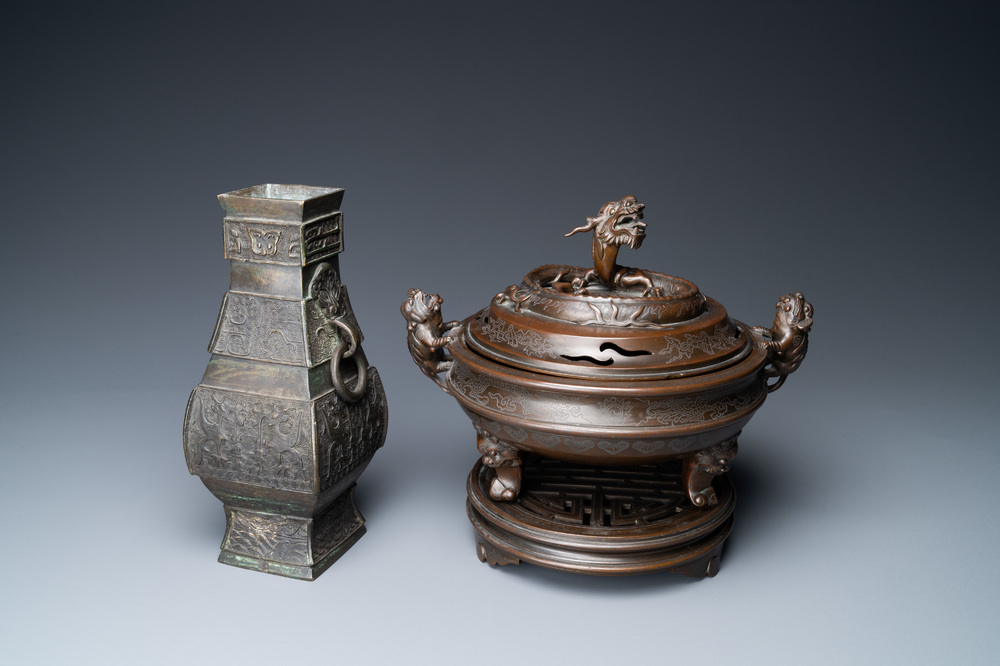 A Chinese silver-inlaid bronze censer and a bronze vase, 19th C.