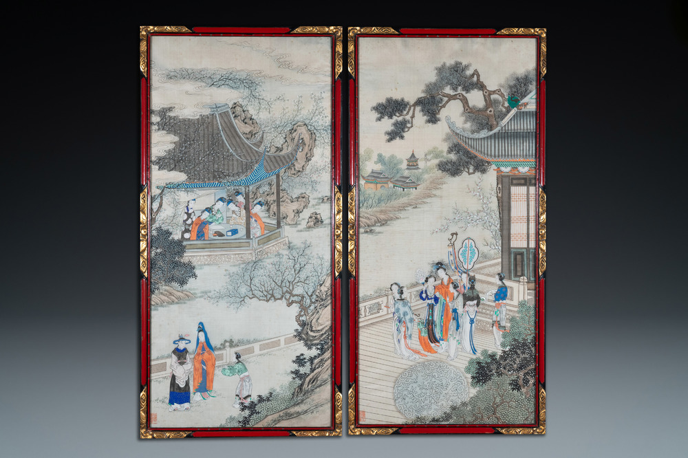 Chinese school, ink and color on silk: 'Two scenes with ladies near a river', 19th C.