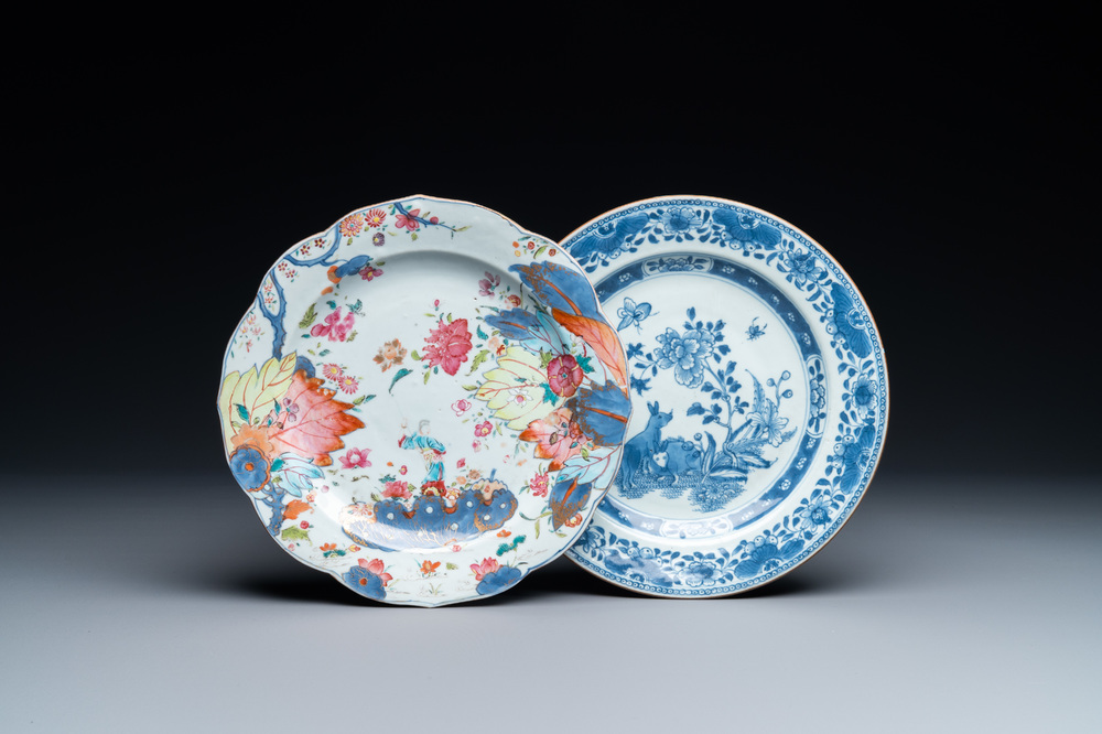 A Chinese famille rose 'pseudo tobacco leaf' plate and a blue and white 'rabbits' plate, Qianlong