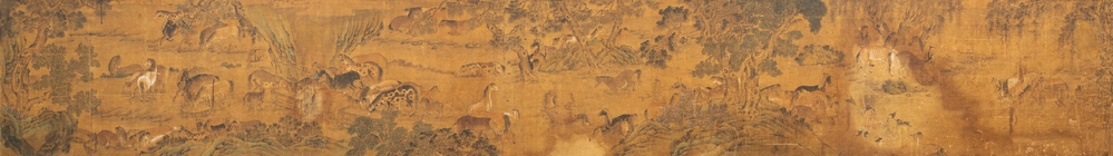 Chinese school, inkt en kleur op papier: 'Paarden en hun verzorgers in een landschap', Ming/Qing