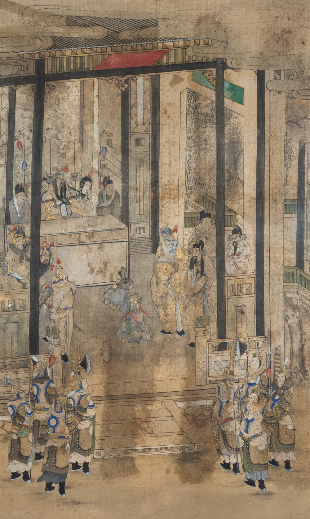 Chinese school, ink and color on silk: 'Palace scene with soldiers', Qing