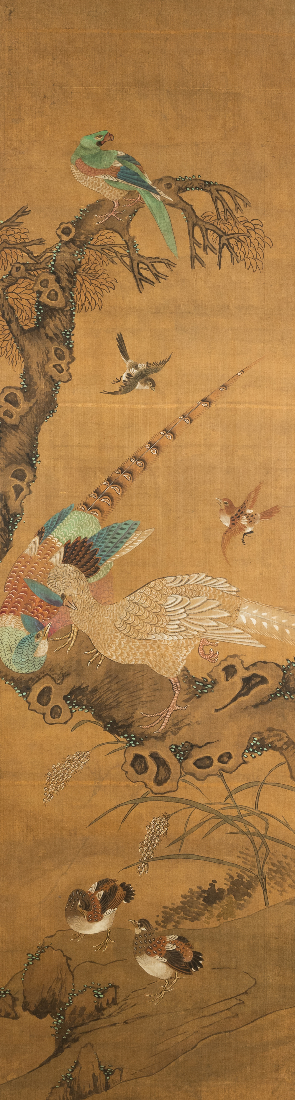 Chinese school, ink and color on silk: 'Landscape with birds', 17/18th C.