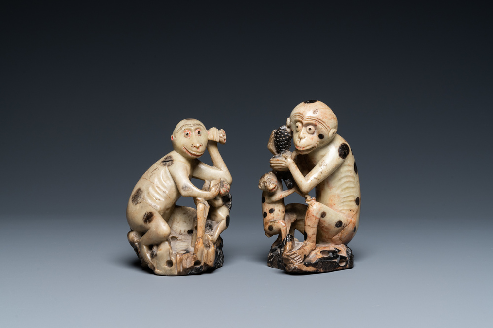 Two Chinese soapstone 'monkey' groups, 19th C.