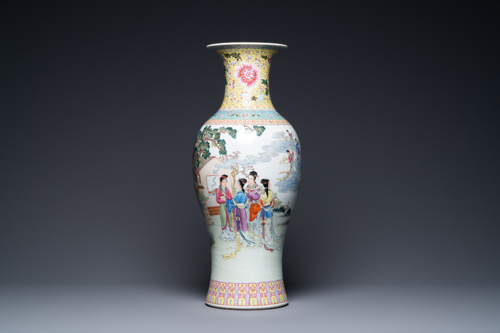 A Chinese famille rose 'ladies and immortals' vase, Qianlong mark, Republic