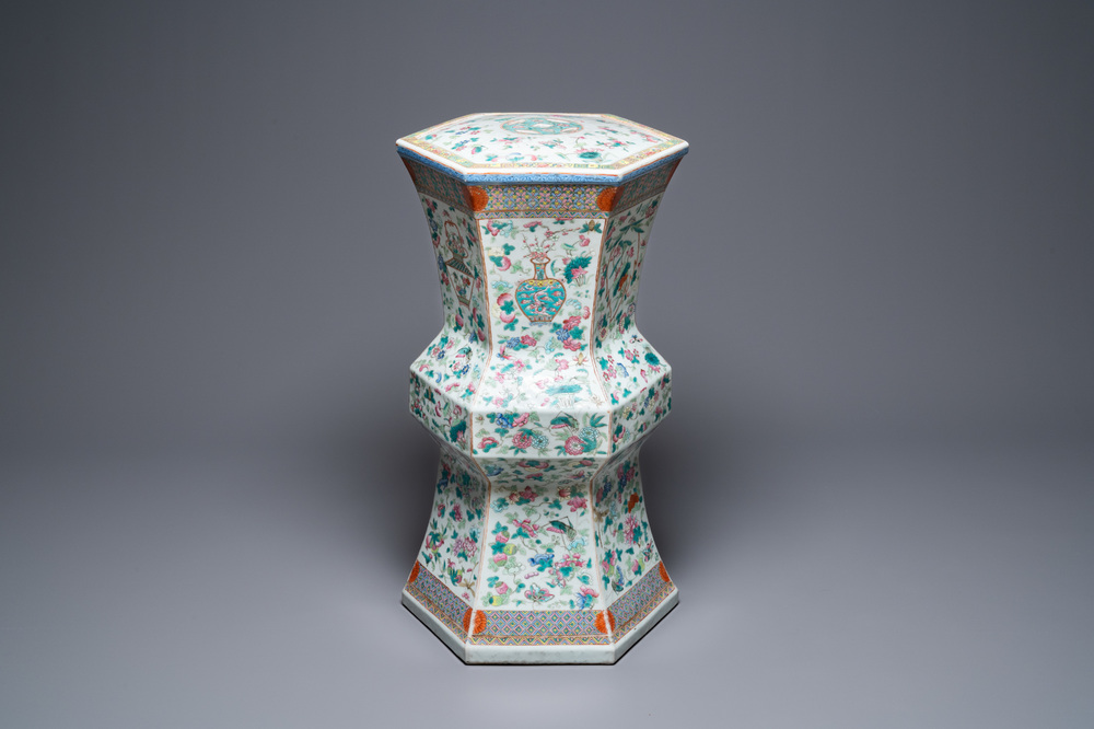 A Chinese hexagonal famille rose garden seat, 19th C.