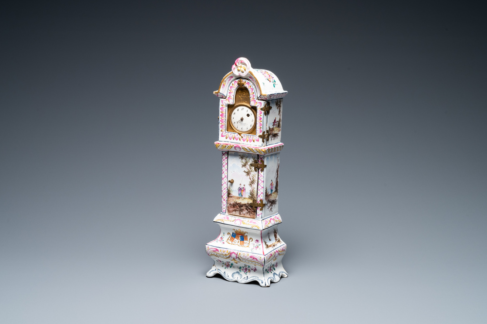 A polychrome French faience pocket watch holder, Marseille, 19th C.