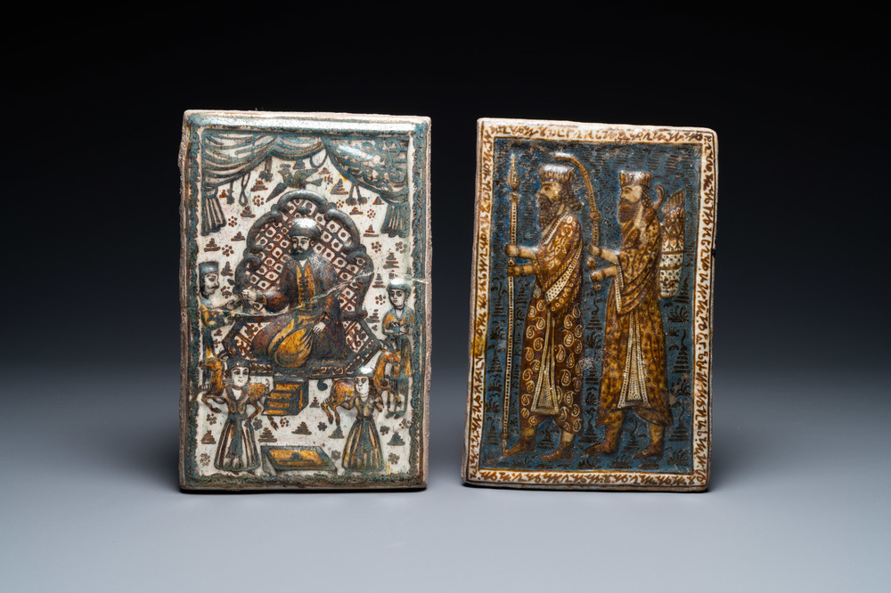 Two luster-glazed relief-decorated Qajar tiles, Iran, 19th C.